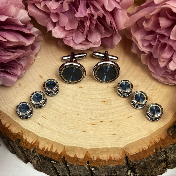 Elegant Royal Blue Gold Outlined Round Cufflinks Tuxedo Studs Formal 8 Pcs Set - Picture 8 of 16